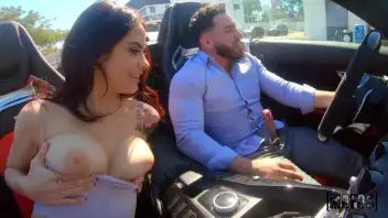 Melody Foxx sucks his dick at the wheel and then gets roped into it.